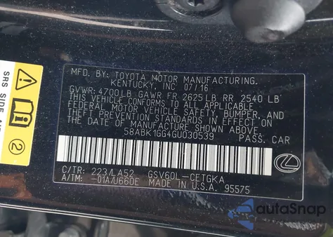 2016 Lexus Es 350 z USA, uszkodzony, nr VIN 58ABK1GG4GU030539